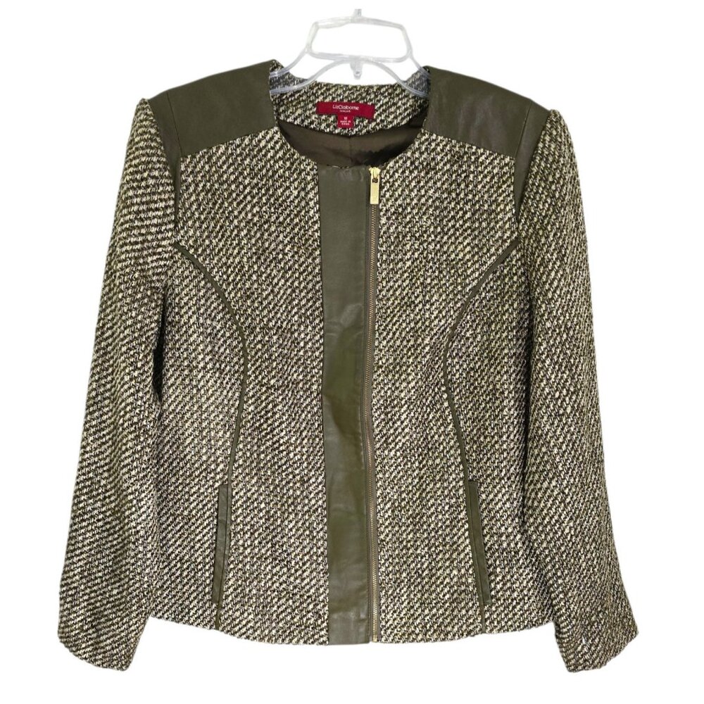 Liz Claiborne Womens Beige Heritage Tweed Jacket Front Zip‎ Long Sleeve Size 10